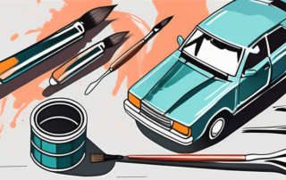 A car with chipped paint and a close-up of a repair kit with paint and brushes next to it