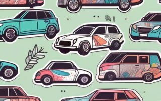 A car adorned with various humorous and colorful stickers
