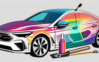 A car partially wrapped in a colorful foil