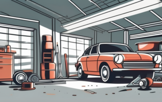 A car in a garage with various tools and car parts around