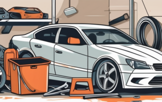 A damaged car in a garage with various repair tools and equipment around