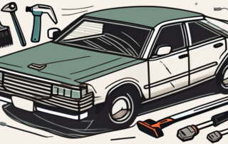 A car with visible dents and a set of tools like a plunger
