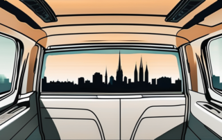A professional tinted car window with the silhouette of hannover's city skyline reflecting on it