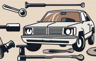 A car with visible dents and a variety of tools such as a plunger