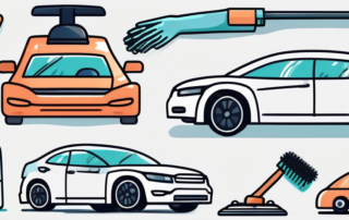 Various car cleaning tools such as a bucket filled with soapy water