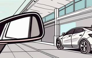 A new car side mirror with price tags attached