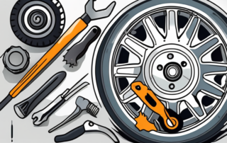 A damaged car wheel with various repair tools scattered around it