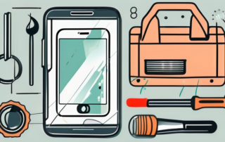 A smartphone with visible cracks on the screen and different tools like a screwdriver