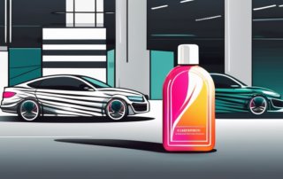 A brightly colored car polish bottle next to a car with a shiny