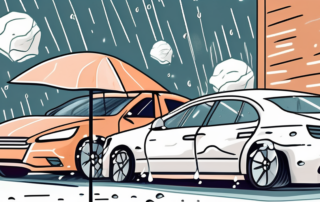 Several cars covered with various hail protection methods such as car covers