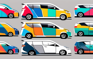 A car showcasing different sections with various vibrant color wraps
