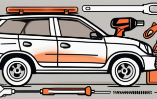 A car with various tools next to it