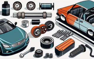 A variety of car parts and accessories spread out