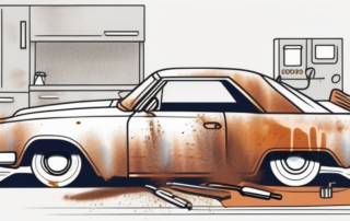 A car partially covered in rust with various tools like a wire brush