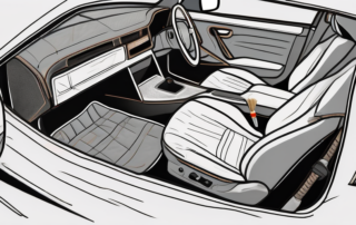 A pair of damaged leather car seats with a set of repair tools and materials nearby