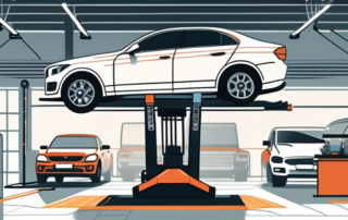 A car being lifted on a hydraulic lift in a garage