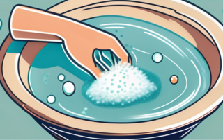 A microfiber cloth being gently washed in a basin of soapy water