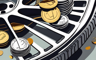 A scratched car wheel with a wrench and a few coins scattered around