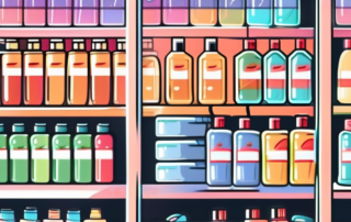 A variety of car shampoo bottles lined up on a shelf