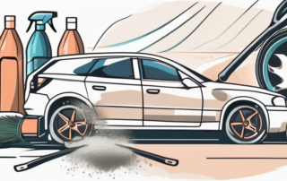 A car wheel with visible brake dust and cleaning tools like a brush and a bottle of cleaning solution nearby