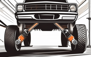 A car on a lift with a close-up view of the rusty underbody