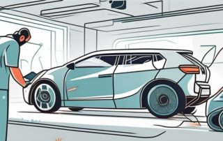 A car with visible scratches and dents being transformed into a pristine condition through a futuristic