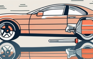 A car with visible dents and a tool kit nearby