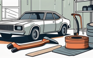 A car in a garage with various tools like sandpaper