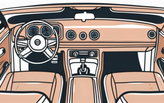 A car cockpit with various household items like a toothbrush