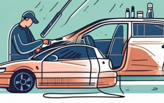 A car with small scratches being treated with a repair tool and a bottle of scratch remover nearby