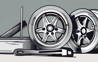 A set of damaged aluminum car wheels with repair tools and equipment nearby