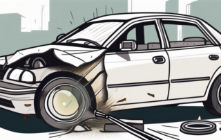 A car crash scene with noticeable damages and a magnifying glass hovering over it