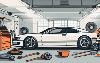 A car in a professional garage with its wheels removed
