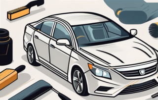 A car with visible key scratches on the side and various car detailing tools nearby