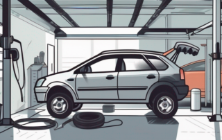 A car being lifted up in a garage with a focus on its underbody