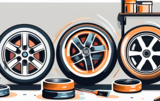 A variety of car rims being cleaned with different tools such as brushes