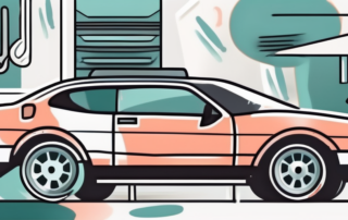 A car with visible dents and a set of repair tools like a dent puller