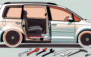 A vw touran with one of its fenders (kotflügel) detached and a set of tools nearby