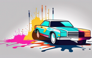 A car partially covered in vibrant paint with a paint roller and a can of paint nearby