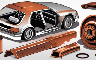 A few rusted car parts next to a selection of rust converter products