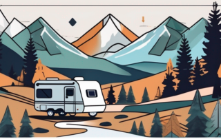 A scenic mountain landscape with a motorhome parked at a campsite