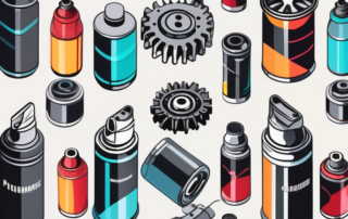 Various car engine parts neatly arranged and a spray can with vibrant colors