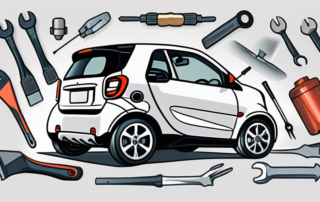 A smart car with a dented hood