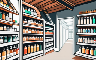 Various high-quality paint products displayed on shelves in a store setting