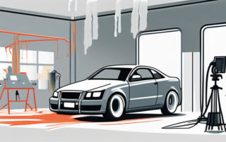 A car being painted in a professional spray booth with various tools and equipment used for auto painting scattered around