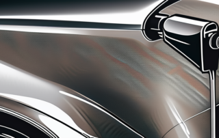 A spray can dispensing a glossy carbon paint onto a car part