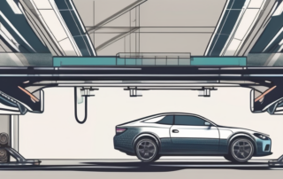 A car on a lift with a close-up view of its sealed underbody