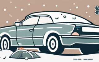 A car covered in snow in the foreground