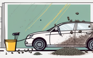 A car covered in bird droppings with various cleaning tools like a bucket