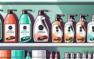Various types of car shampoo bottles lined up on a shelf